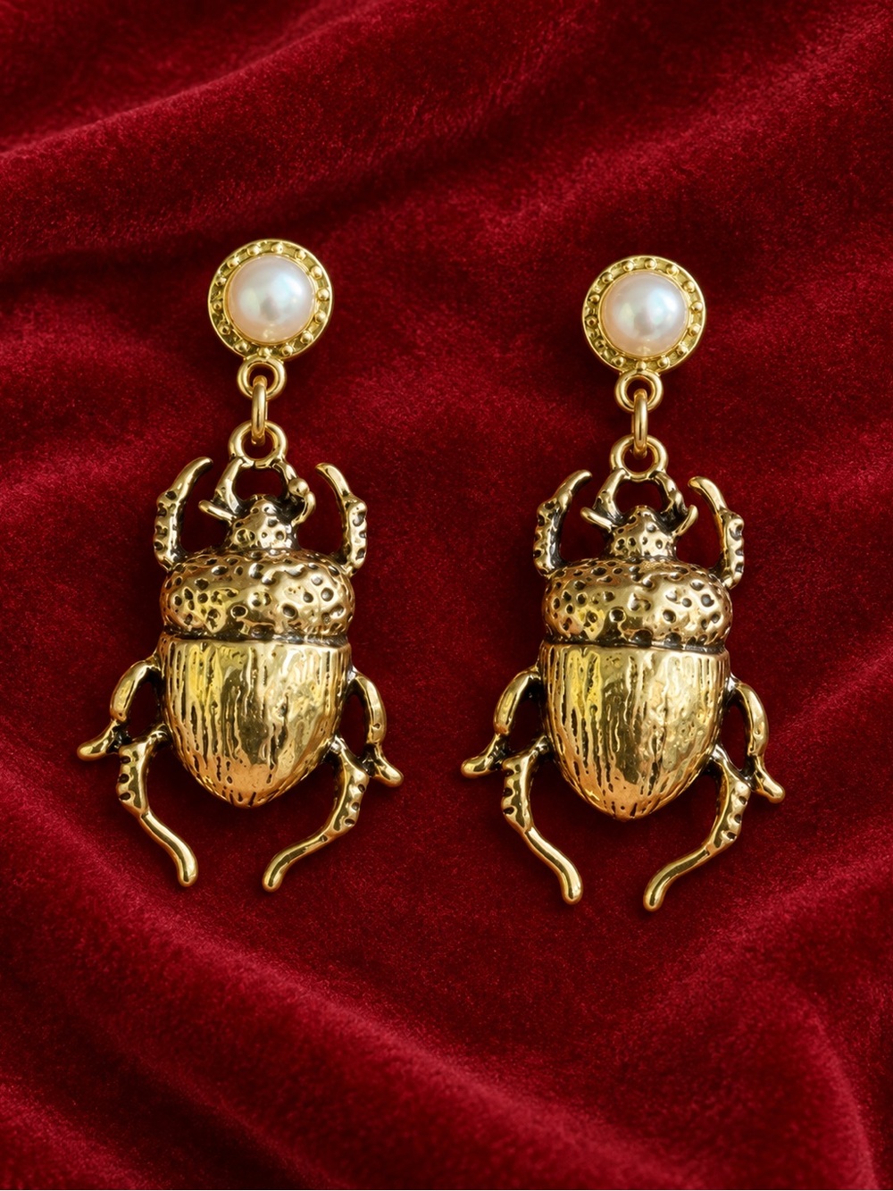 Gold Scarab Beetle Drop Earrings with Pearl Accent - Women Jewelry